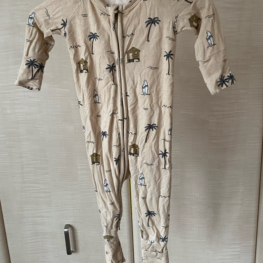Beige Palm Tree & Surf One-Piece Footie Pajama for Kids
